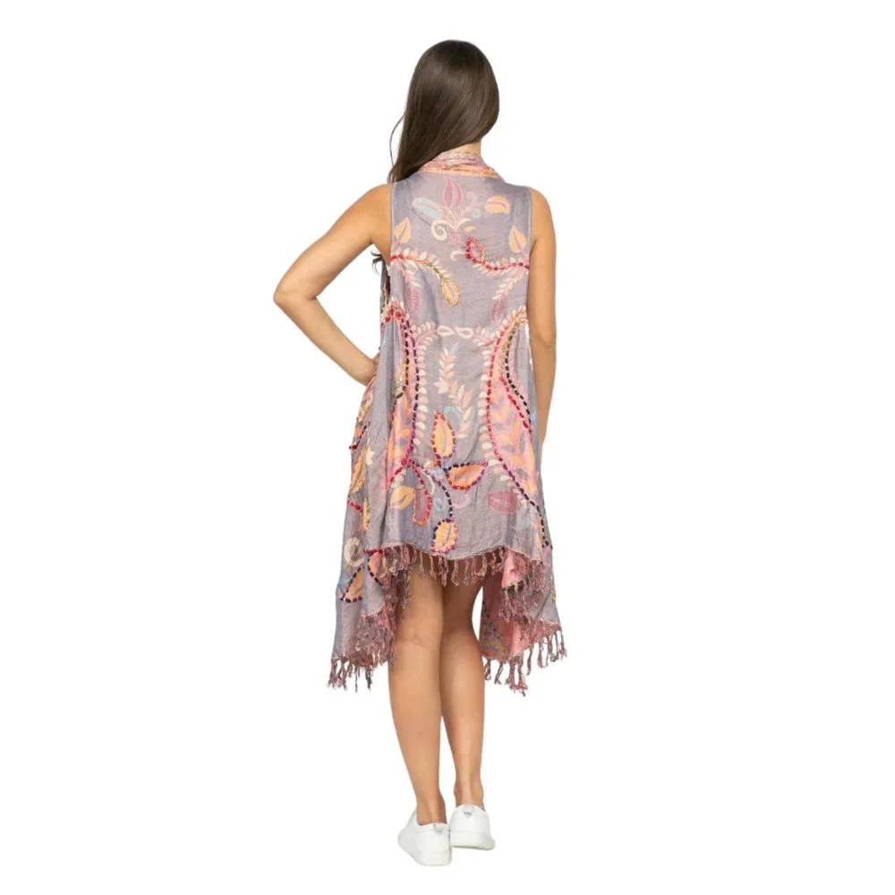 Raj Rosie Vest Embroidered Soft Peach Colorful Embroidery Fringed One Size - Picture 2 of 4